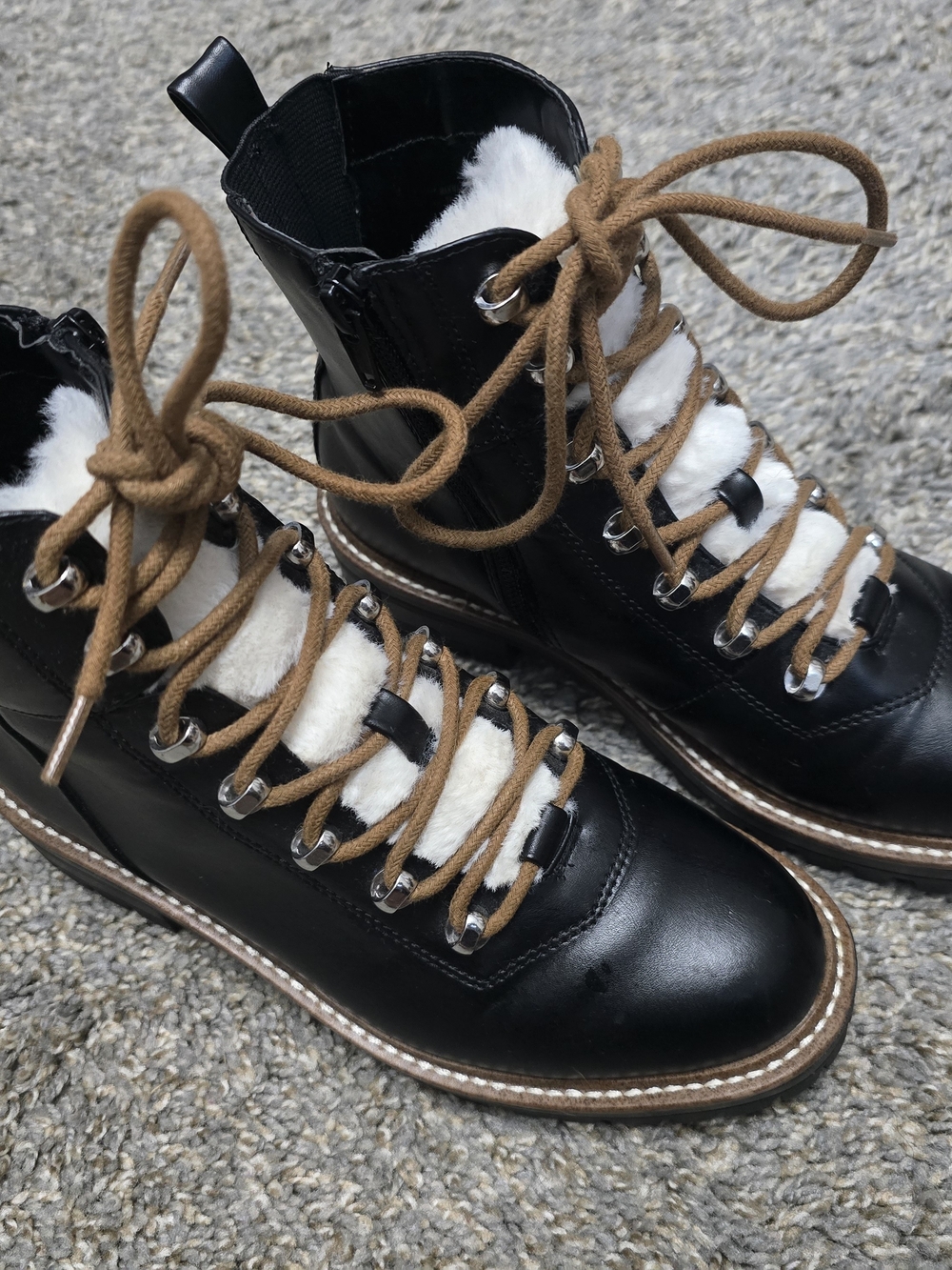 Women’s Black Lace-Up Faux-Shearling Ankle Boots with Brown Laces
